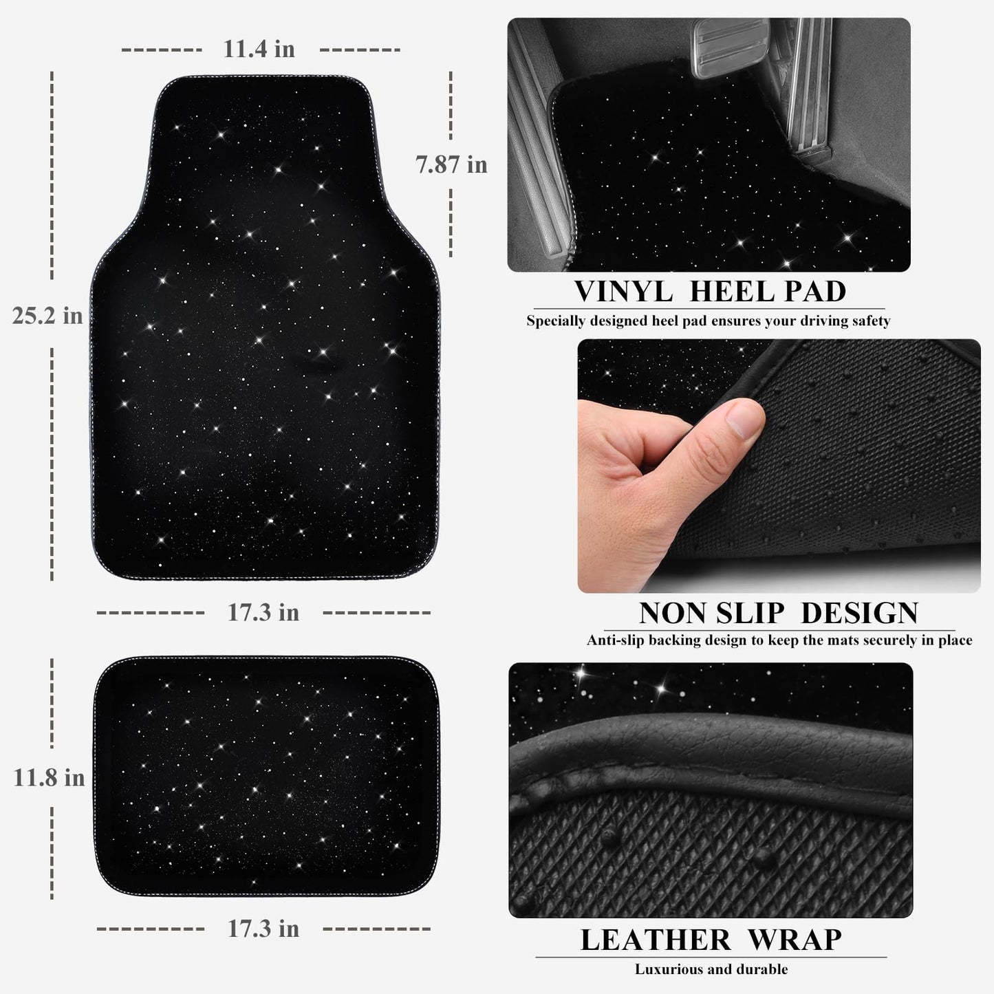 CAR PASS Bling Diamond Car Floor Mats, Shining Rhinestone Carpet Sparkly Glitter Crystal with Anti-Slip PVC Heel Pad Waterproof Universal Fit Automotive SUV,Sedan,Van,Cute Girl Women,4pcs Black Sliver