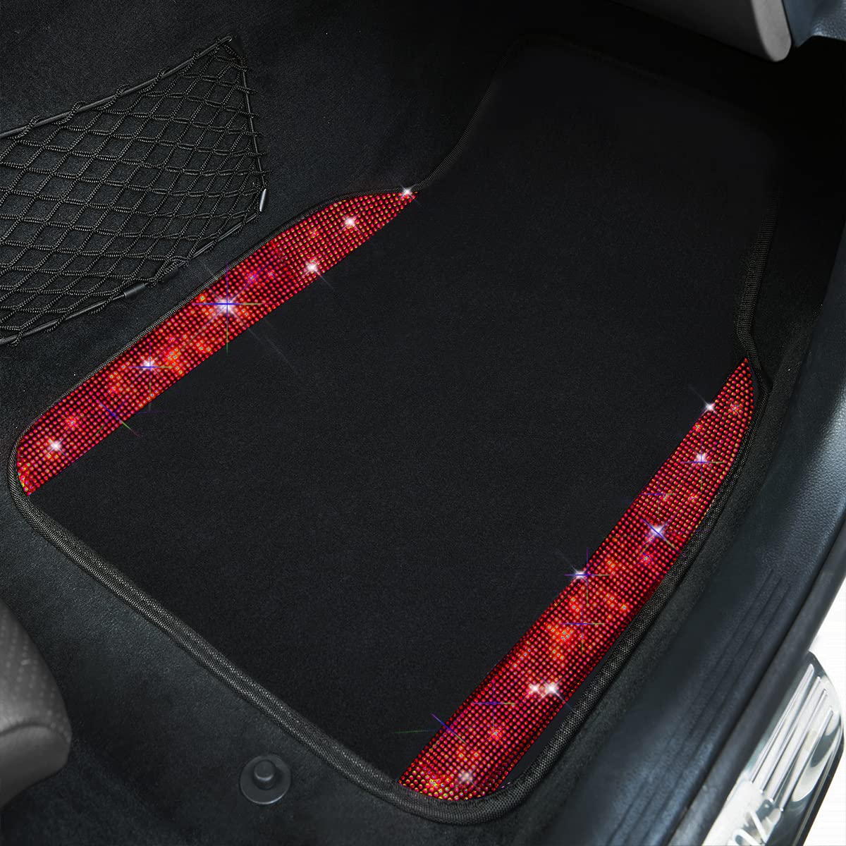 CAR PASS Bling Diamond Car Floor Mats, Shining Rhinestone Carpet Sparkly Glitter Crystal with Anti-Slip PVC Heel Pad Waterproof Universal Fit Automotive SUV,Sedan,Van,Cute Girl Women,4pcs Black Sliver