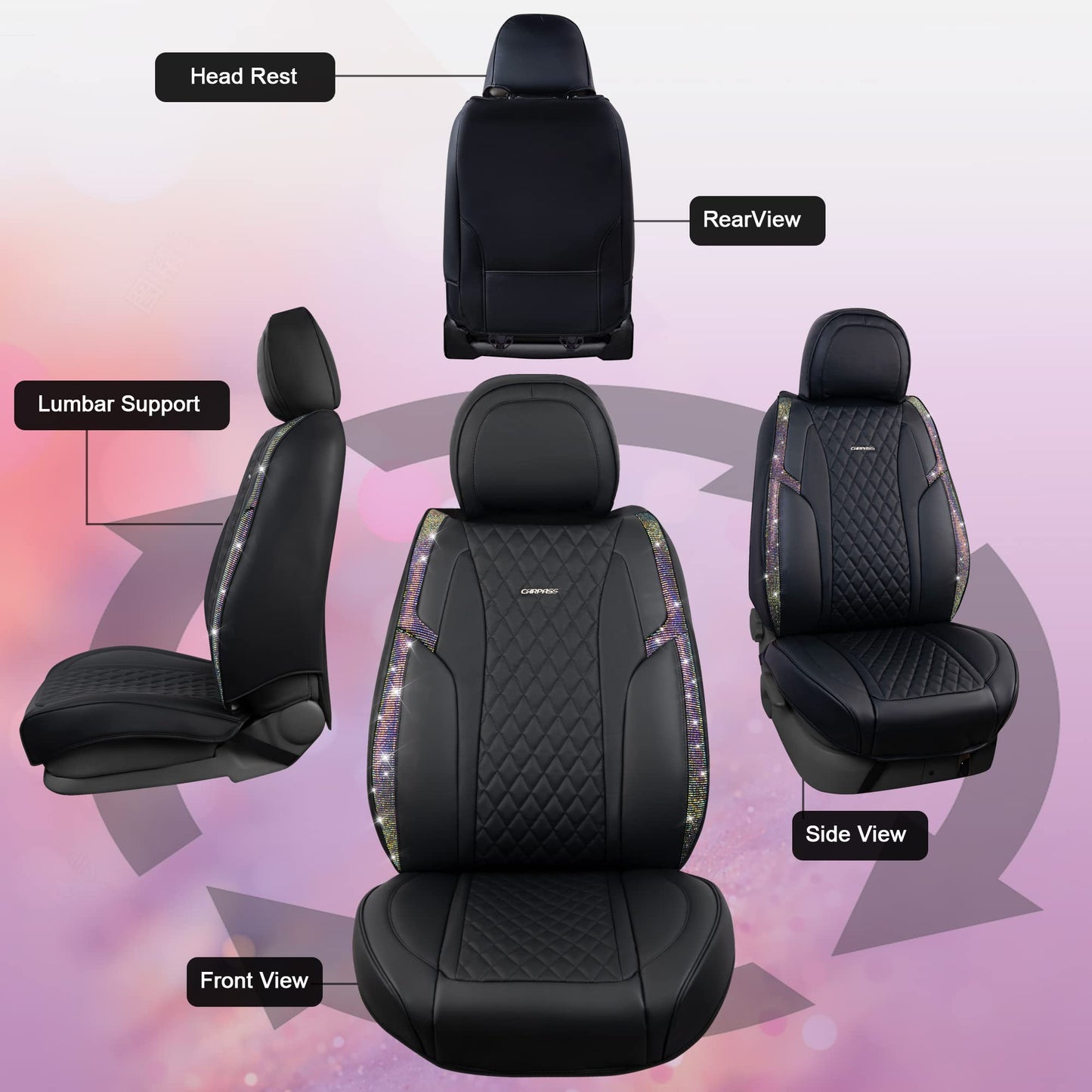 CAR Pass Bling Car Seat Covers, Microfiber Nappa Leather Luxury Cushioned, Waterproof Heavy-Duty Anti-Slip Universal Fit for Auto SUV Sedan,Sparkly Glitter Shining Rhinestone Full Set, Black Diamond