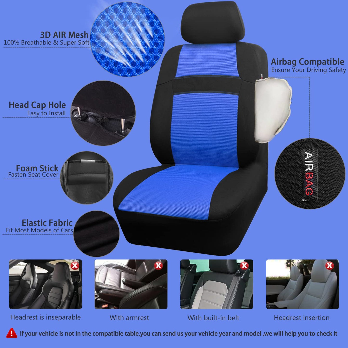 CAR PASS Seat Cover Full Sets, 3D Air Mesh Car Seat Cover with 5mm Composite Sponge Inside,Airbag Compatible Universal Fit for SUV,Vans,sedans, Trucks, Automotive Interior Covers(All Black)