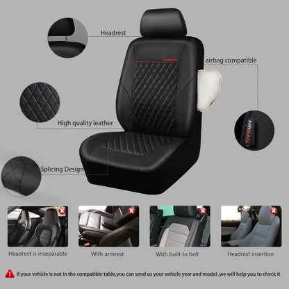 CAR PASS Quilting Leather Seat Cover Two Front Seats Only, Universal Fit Automotive Front Seat Covers Waterproof Deluxe PU Premium Vinyl Luxury for Cars Sedan Van SUV Airbag Compatible 2 Pieces,Black