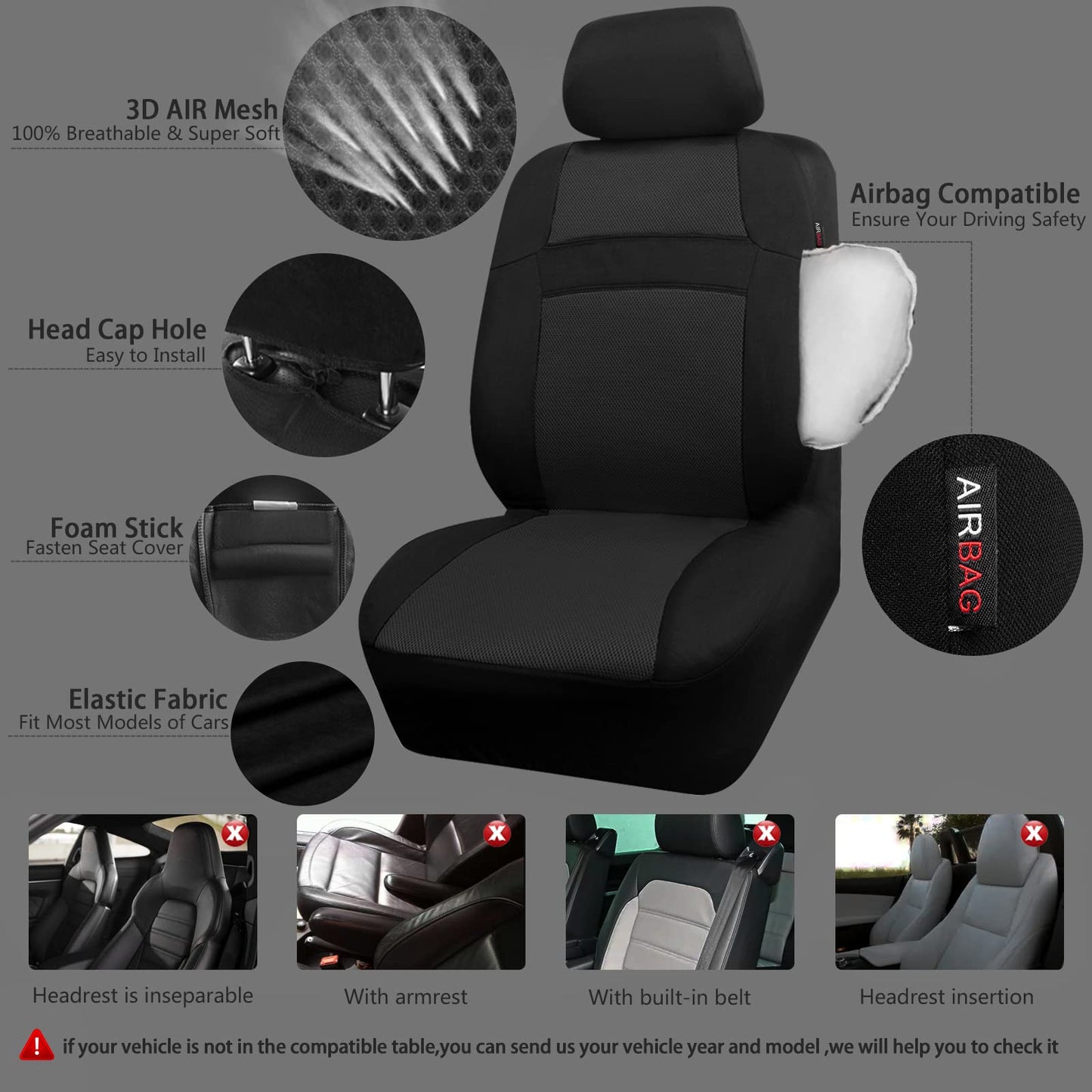 CAR PASS Seat Cover Full Sets, 3D Air Mesh Car Seat Cover with 5mm Composite Sponge Inside,Airbag Compatible Universal Fit for SUV,Vans,sedans, Trucks, Automotive Interior Covers(All Black)