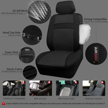 CAR PASS Seat Cover Full Sets, 3D Air Mesh Car Seat Cover with 5mm Composite Sponge Inside,Airbag Compatible Universal Fit for SUV,Vans,sedans, Trucks, Automotive Interior Covers(All Black)