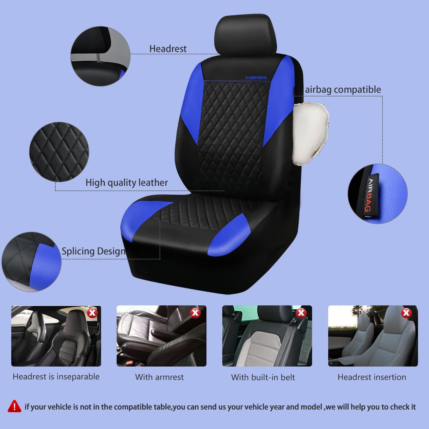 CAR PASS Quilting Leather Seat Cover Two Front Seats Only, Universal Fit Automotive Front Seat Covers Waterproof Deluxe PU Premium Vinyl Luxury for Cars Sedan Van SUV Airbag Compatible 2 Pieces,Black