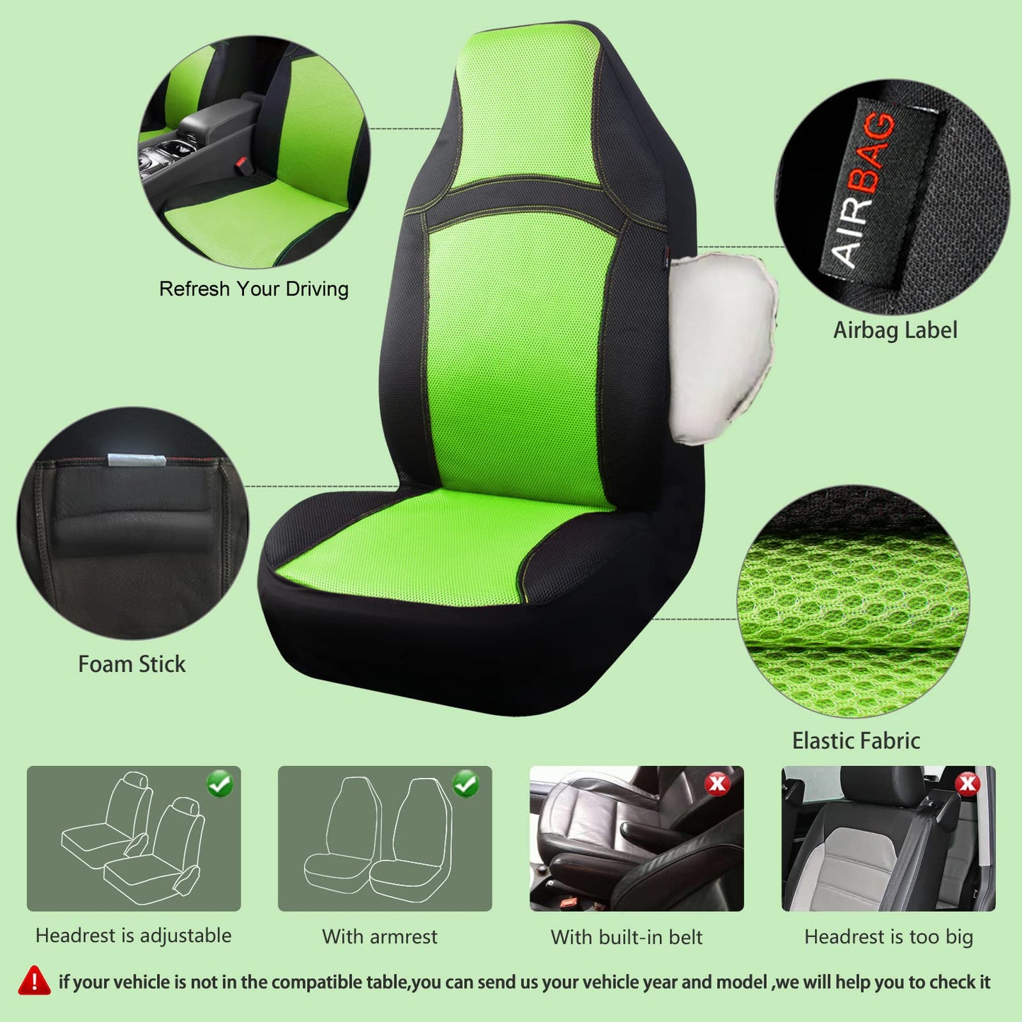 CAR PASS Seat Cover Full Sets, 3D Air Mesh Car Seat Cover with 5mm Composite Sponge Inside,Airbag Compatible Universal Fit for SUV,Vans,sedans, Trucks, Automotive Interior Covers(All Black)