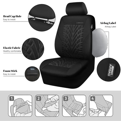 CAR PASS Car Seat Covers Full Sets, Front &amp; Split Rear Bench for Car, 3D Tyre Embossed Automotive Interior Covers, Airbag Compatible, Quick Setup Universal Fit Seat Covers for Car, SUV(All Black)