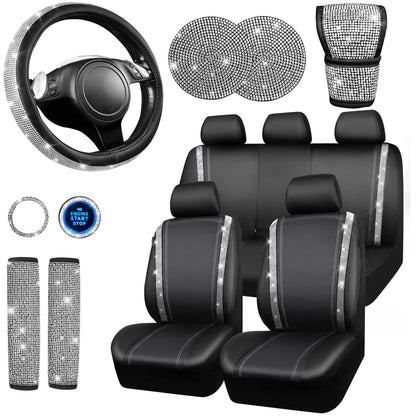 CAR PASS 7 PCS Bling Car Accessories for Women, Sparkly Rhinestone Diamond Steering Wheel Cover, Bling Seat Belt Cushion, Glitter Shift Knob Cover, Car Cup Holder Coaster, Cute Interior Sets Silver