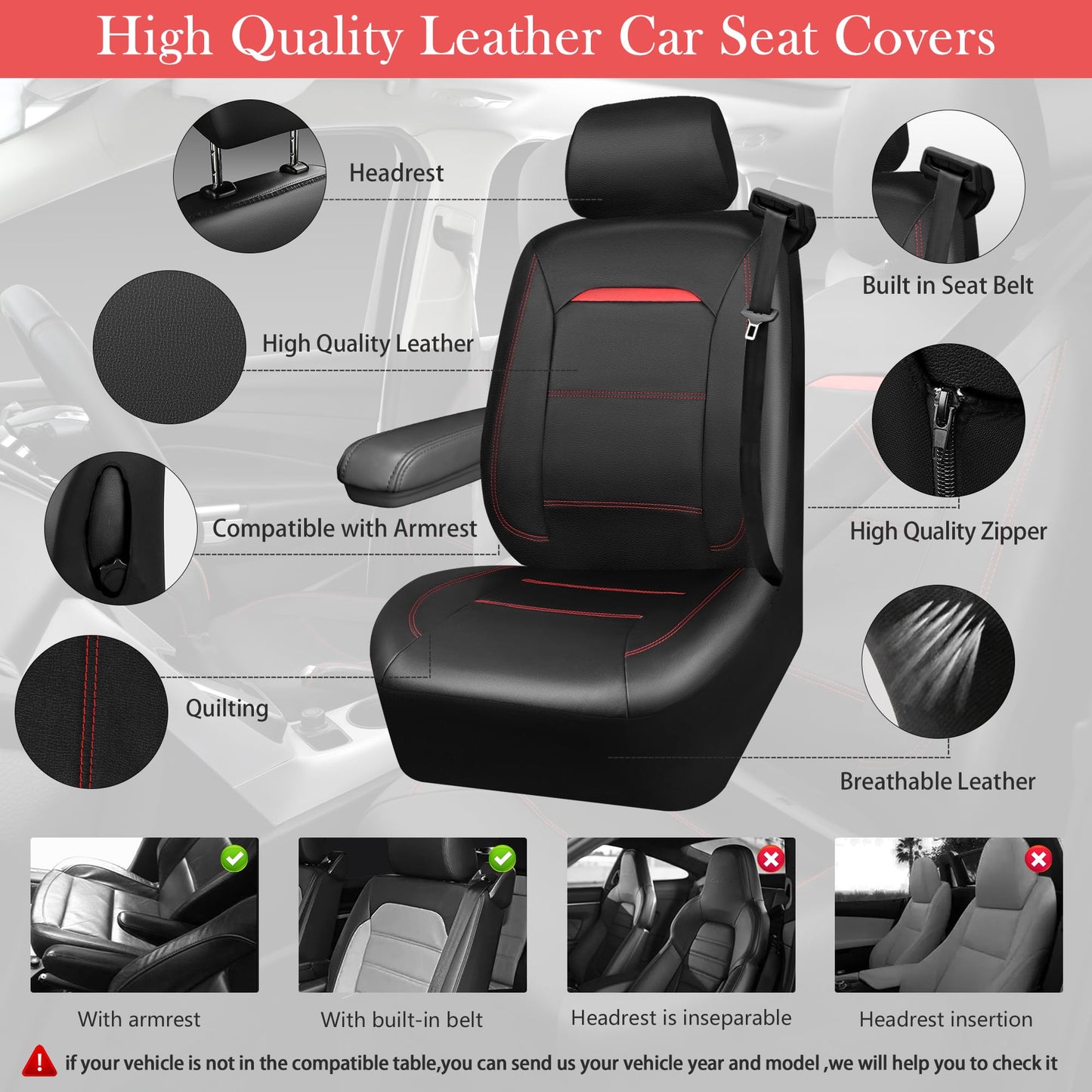 CAR PASS Universal Reflect Piping Leather Car Seat Cover, Fit for suvs,Van,Trucks,Airbag Compatible,Inside Zipper Design and Reserved Opening Holes (Full Set, Black and Grey)