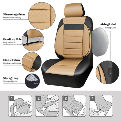 CAR PASS Leather Car Seat Covers Front Seats Only, 3D Foam Support Car Seat Covers, Universal fit for Trucks Vans SUVs Sedans Automotive Comfortable, Airbag Compatible 2 Pieces Front Solid Black