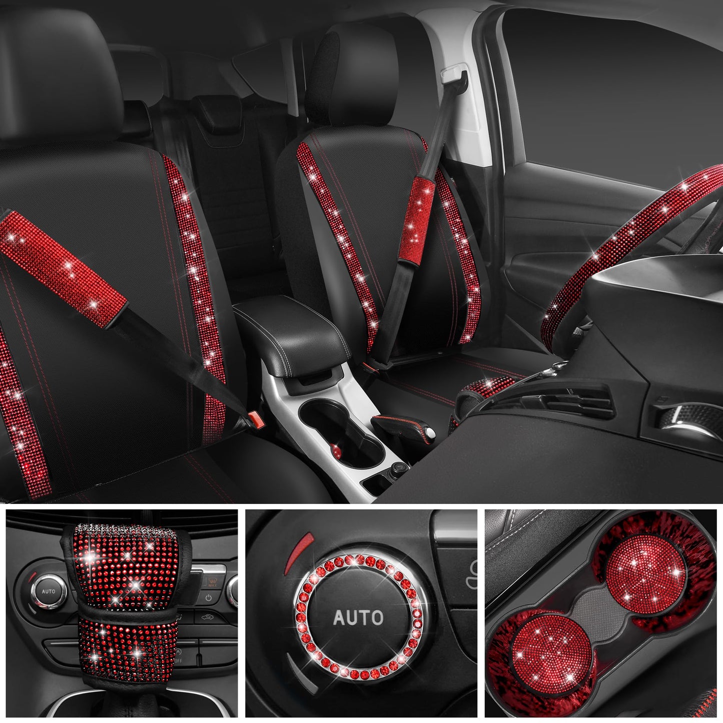 CAR PASS 7 PCS Bling Car Accessories for Women, Sparkly Rhinestone Diamond Steering Wheel Cover, Bling Seat Belt Cushion, Glitter Shift Knob Cover, Car Cup Holder Coaster, Cute Interior Sets Silver