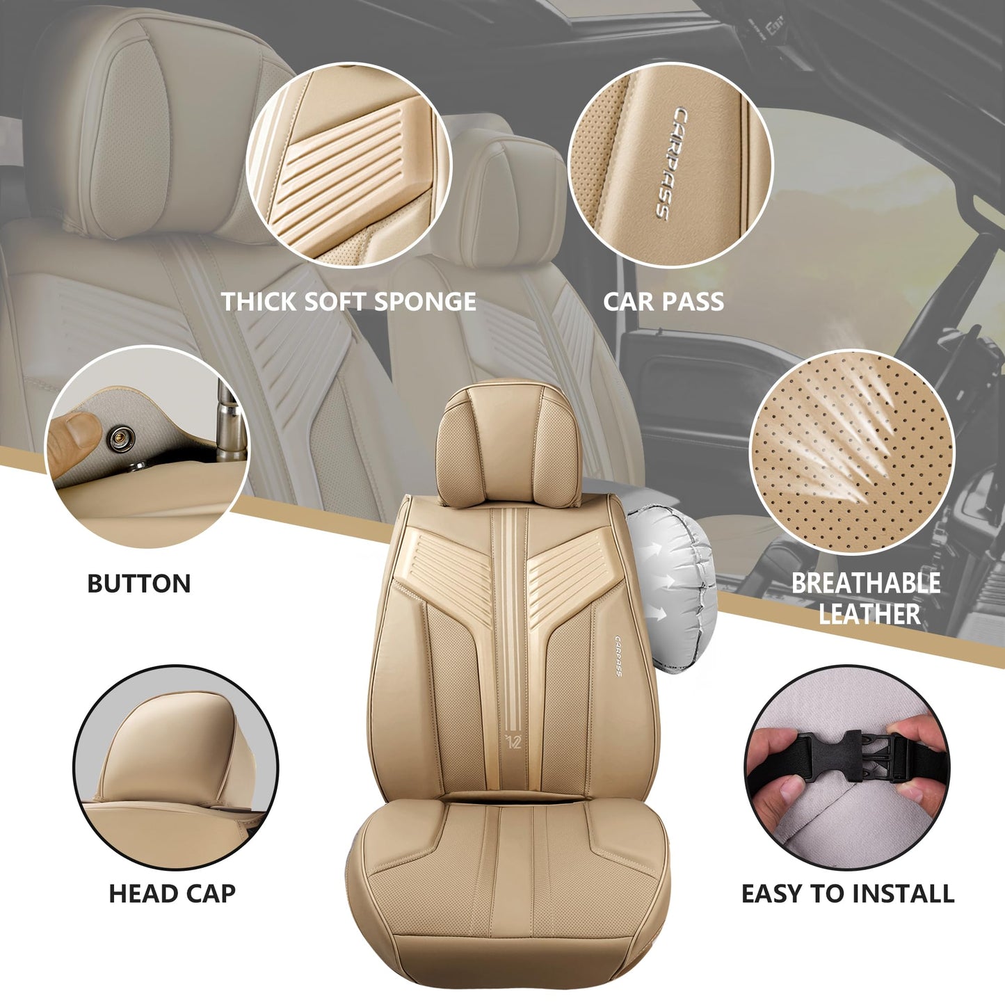 CAR PASS Nappa Leather Seat Covers, Breathable Waterproof Car Seat Covers Full Set, Luxury 3D Sponge Support Full Coverage Seat Protector, Universal Fit SUV Pick-up Truck Sedan Automotive(All Black)