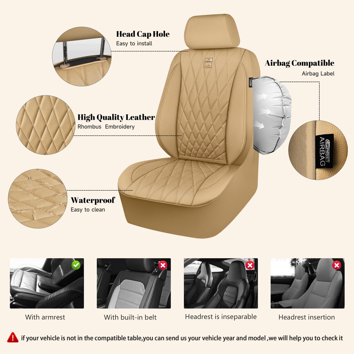 CAR PASS Piping Luxury Faux PU Leather Two Front Car Seat Covers, Waterproof Anti Slip Seat Covers Compatible with Front Seat Armrests,Universal Fit for Suvs,Vans,Trucks, Airbag Compatible(All Black)