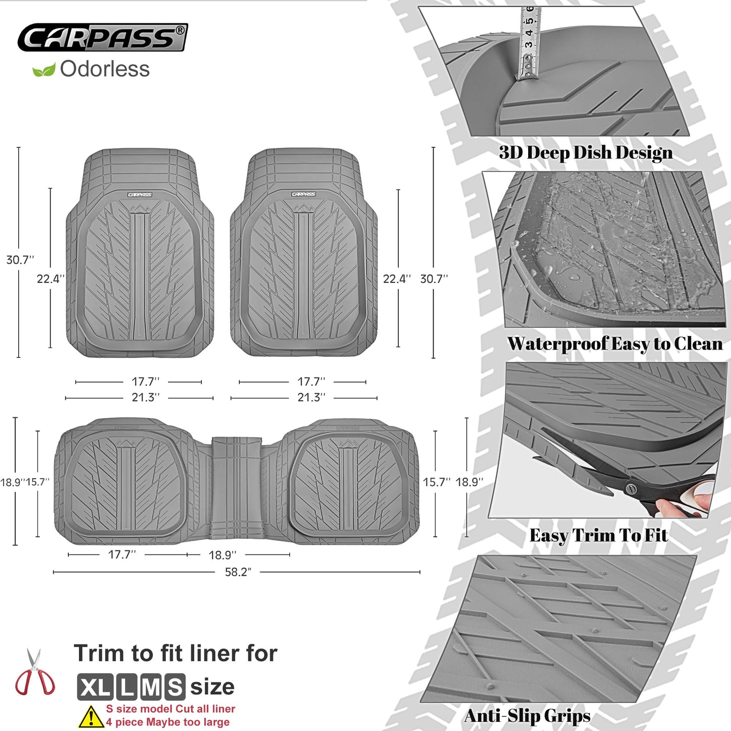 CAR PASS DeepDish Floor Mats for Cars, Heavy Duty Rubber Car Mats 3-Piece, Universal M~XL Size Trim-to Fit Automotive Floor Mats for Truck Van SUV Durable Waterproof All Weather Car Mats (Solid Black)