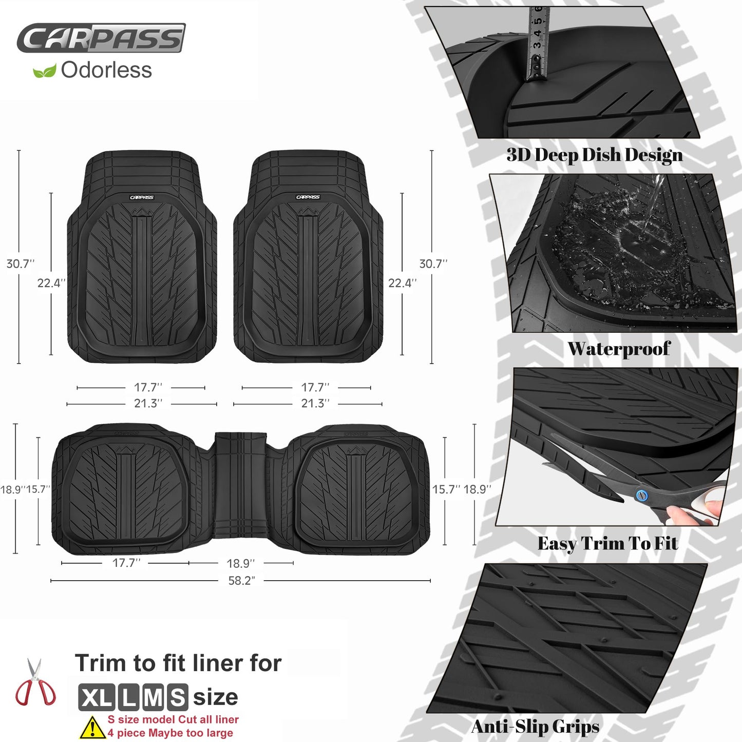 CAR PASS DeepDish Floor Mats for Cars, Heavy Duty Rubber Car Mats 3-Piece, Universal M~XL Size Trim-to Fit Automotive Floor Mats for Truck Van SUV Durable Waterproof All Weather Car Mats (Solid Black)