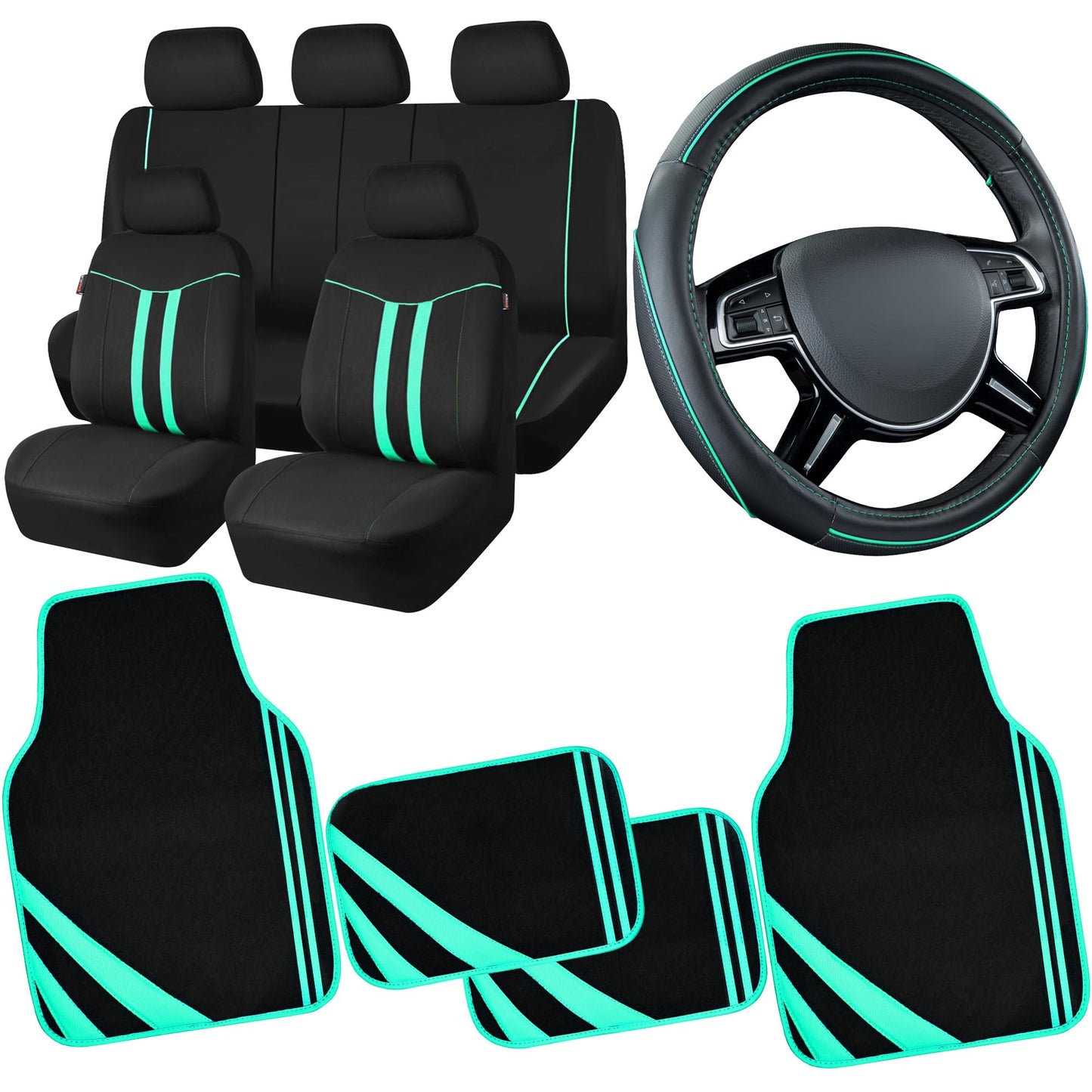 Car Pass Colour Piping Leather Universal Fit Steering Wheel Cover,Perfectly fit for 14.5-15 inches for Various Vehicles SUVs,Vans,Sedans,Cars (Black &amp; Mint)