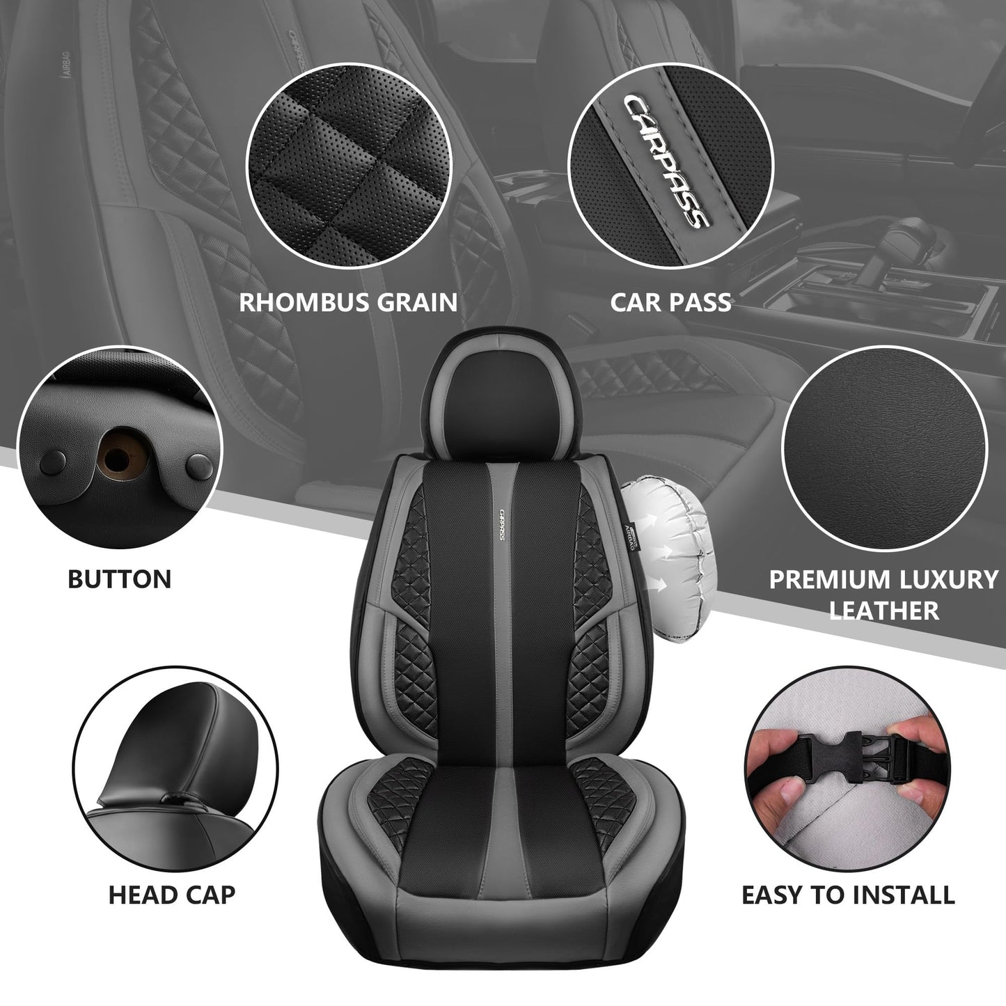 CAR PASS Nappa PU Leather Car Seat Covers Full Set Waterproof Protector Durable Cushioned,Universal Fit for Sedan SUV Pick-up Truck,Automotive, Anti-Slip and Backseat Luxury Premium Deluxe(Black)