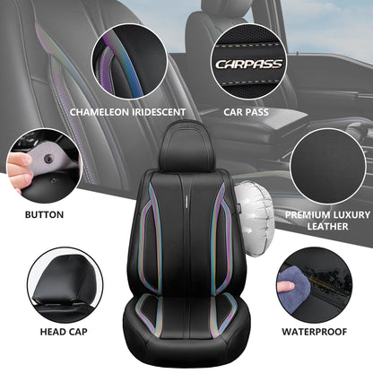 CAR Pass Nappa Leather Car Seat Covers, Durable Waterproof Luxury Universal for SUV Pick-up Truck Sedan, Anti-Slip Driver 5 Seats Covers Full Set with Backrest (Black Chameleon Iridescent Reflective)