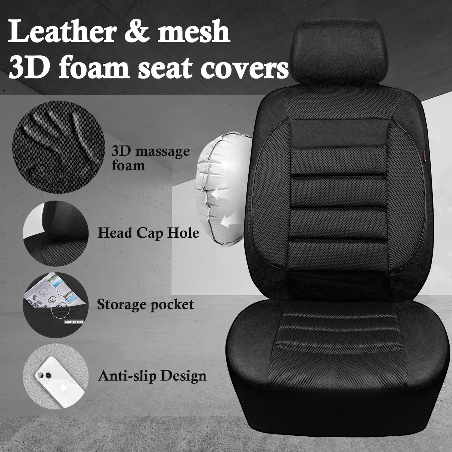 CAR PASS 3D Foam Leather Car Seat Covers Two Front Seats only, Air Cool Mesh Thick Seat Covers, All Weather Car Seat Cover Comfort &amp; Protection for Truck,SUV,Sedan,Van, Airbag Compatible (Black)