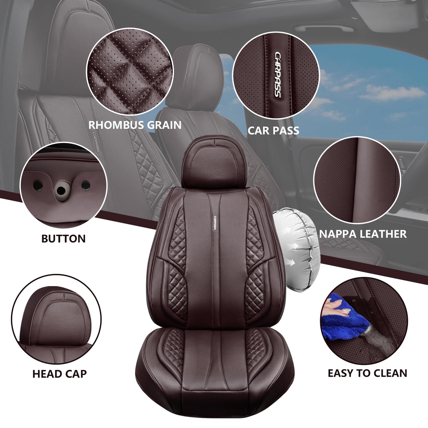 CAR PASS Nappa PU Leather Car Seat Covers Full Set Waterproof Protector Durable Cushioned,Universal Fit for Sedan SUV Pick-up Truck,Automotive, Anti-Slip and Backseat Luxury Premium Deluxe(Black)