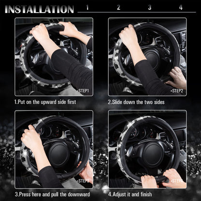 CAR PASS Bling Diamond Leather Steering Wheel Cover, With Sparkly Crystal Glitter Rhinestones Universal Fit 14"1/2-15" Car Wheel Protector for Women Girl Fit Suvs,Vans,Sedans,Car,Trucks, Black Diamond