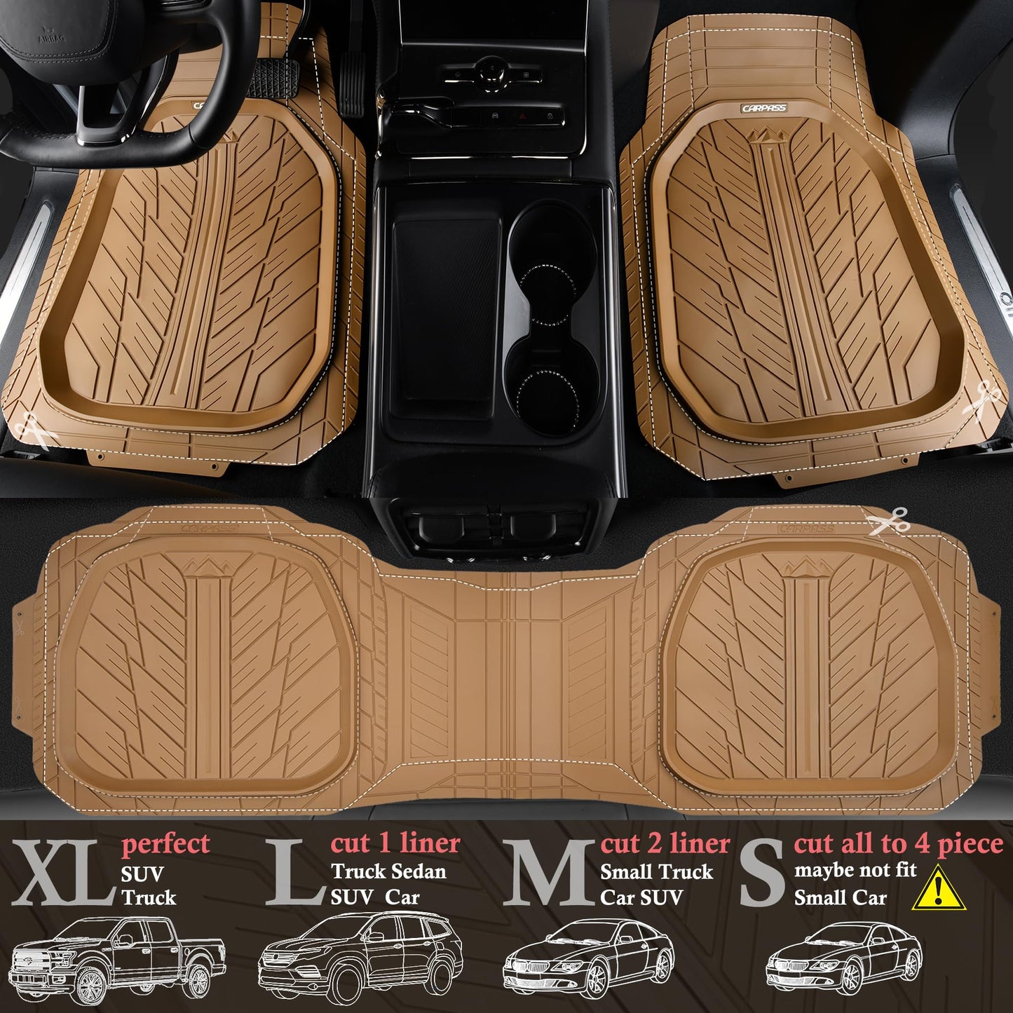 CAR PASS DeepDish Floor Mats for Cars, Heavy Duty Rubber Car Mats 3-Piece, Universal M~XL Size Trim-to Fit Automotive Floor Mats for Truck Van SUV Durable Waterproof All Weather Car Mats (Solid Black)