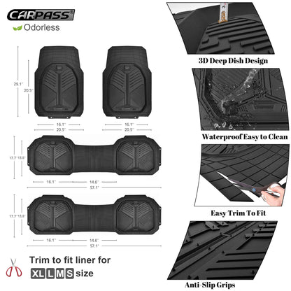 CAR PASS Heavy Duty Rubber Car Mats, Deep-Dish Odorless Car Floor Mats All Weather, Universal Trim-to-Fit for SUVs Trucks Sedans, Waterproof Anti-Slip, 3 Pieces V12 Black