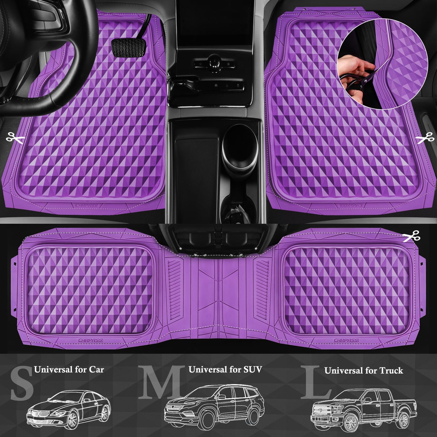 CAR PASS Heavy Duty Rubber Car Mats, Deep Dish All-Weather Floor Mat for Car Full Set Durable Anti-Slip 3D Rhombus Waterproof Trim to Fit Liner Universal Fit Automotive,Sedan,SUV,Truck, 3 Piece Black