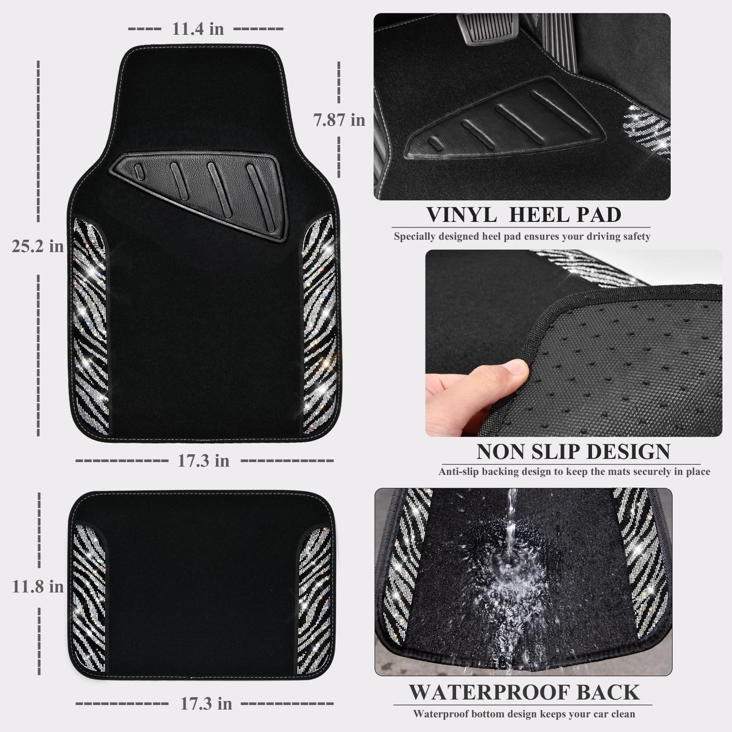 CAR PASS Bling Diamond Car Floor Mats, Shining Rhinestone Carpet Sparkly Glitter Crystal with Anti-Slip PVC Heel Pad Waterproof Universal Fit Automotive SUV,Sedan,Van,Cute Girl Women,4pcs Black Sliver