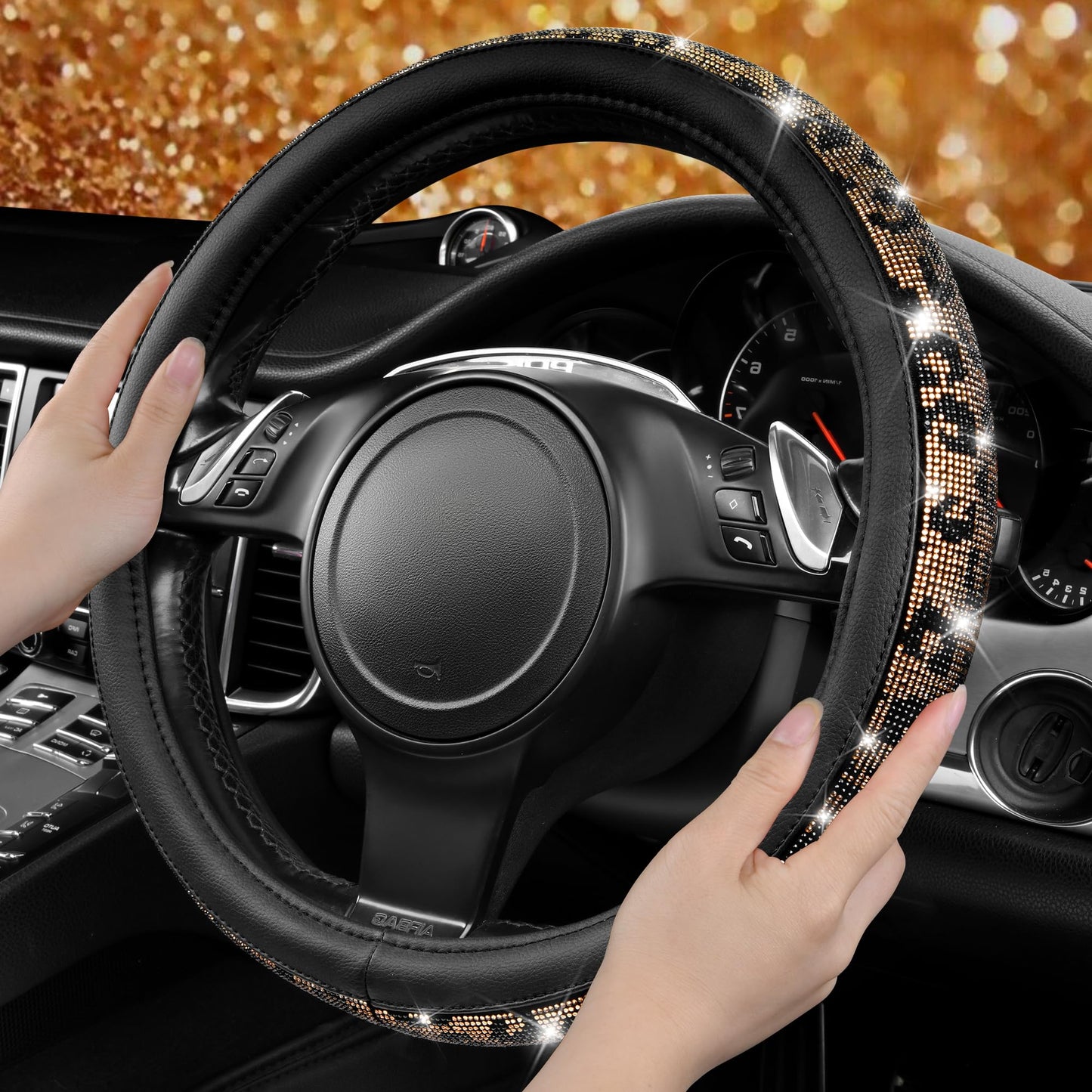 CAR PASS Bling Diamond Leather Steering Wheel Cover, With Sparkly Crystal Glitter Rhinestones Universal Fit 14"1/2-15" Car Wheel Protector for Women Girl Fit Suvs,Vans,Sedans,Car,Trucks, Black Diamond