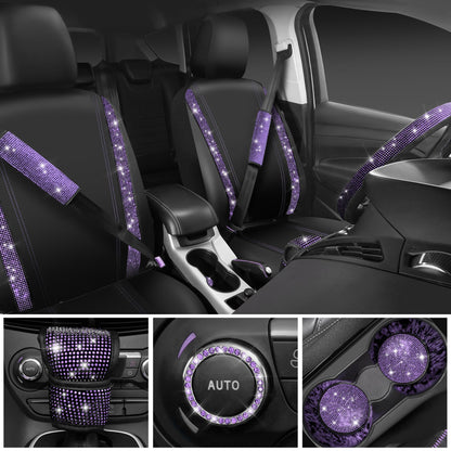 CAR PASS 7 PCS Bling Car Accessories for Women, Sparkly Rhinestone Diamond Steering Wheel Cover, Bling Seat Belt Cushion, Glitter Shift Knob Cover, Car Cup Holder Coaster, Cute Interior Sets Silver