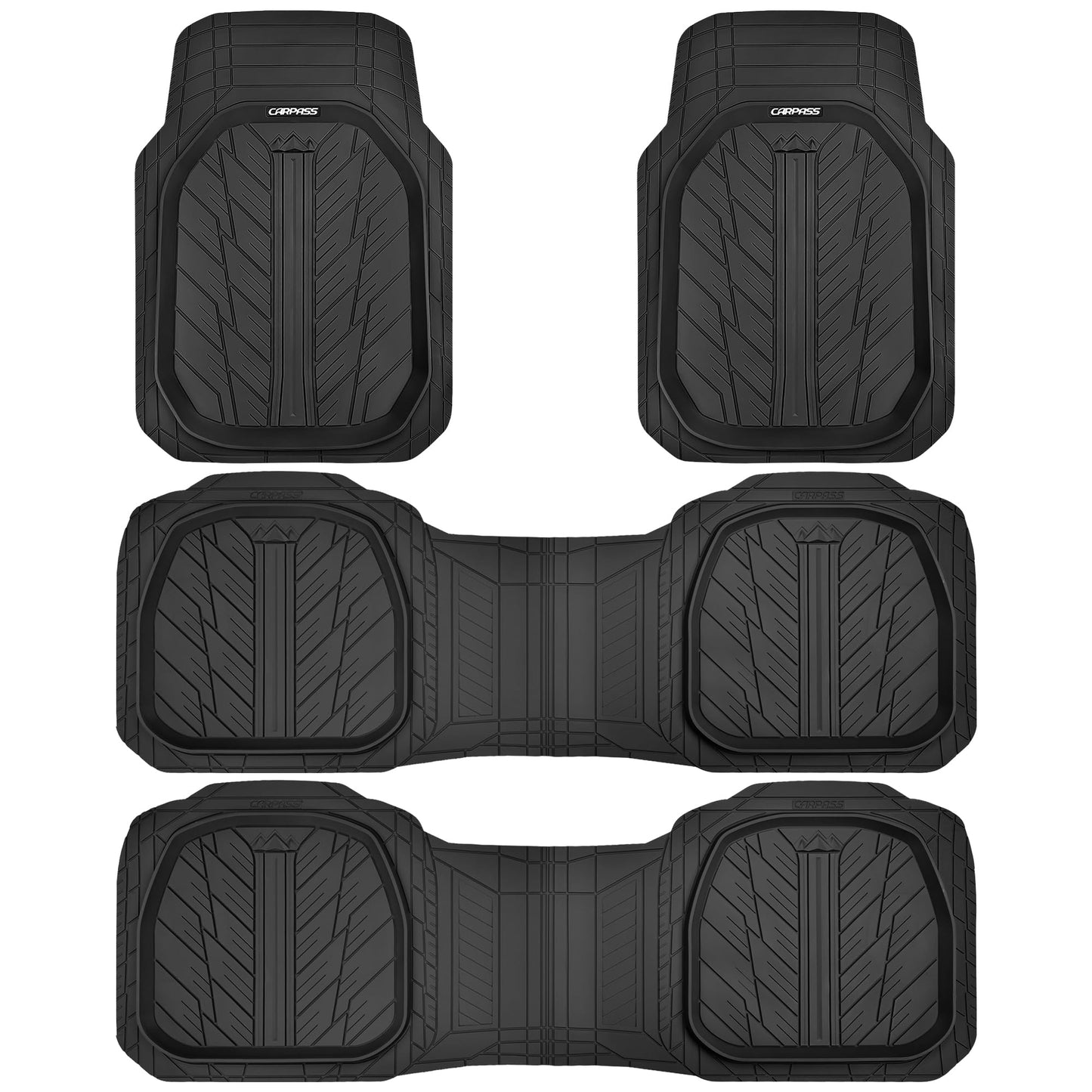 CAR PASS DeepDish Floor Mats for Cars, Heavy Duty Rubber Car Mats 3-Piece, Universal M~XL Size Trim-to Fit Automotive Floor Mats for Truck Van SUV Durable Waterproof All Weather Car Mats (Solid Black)