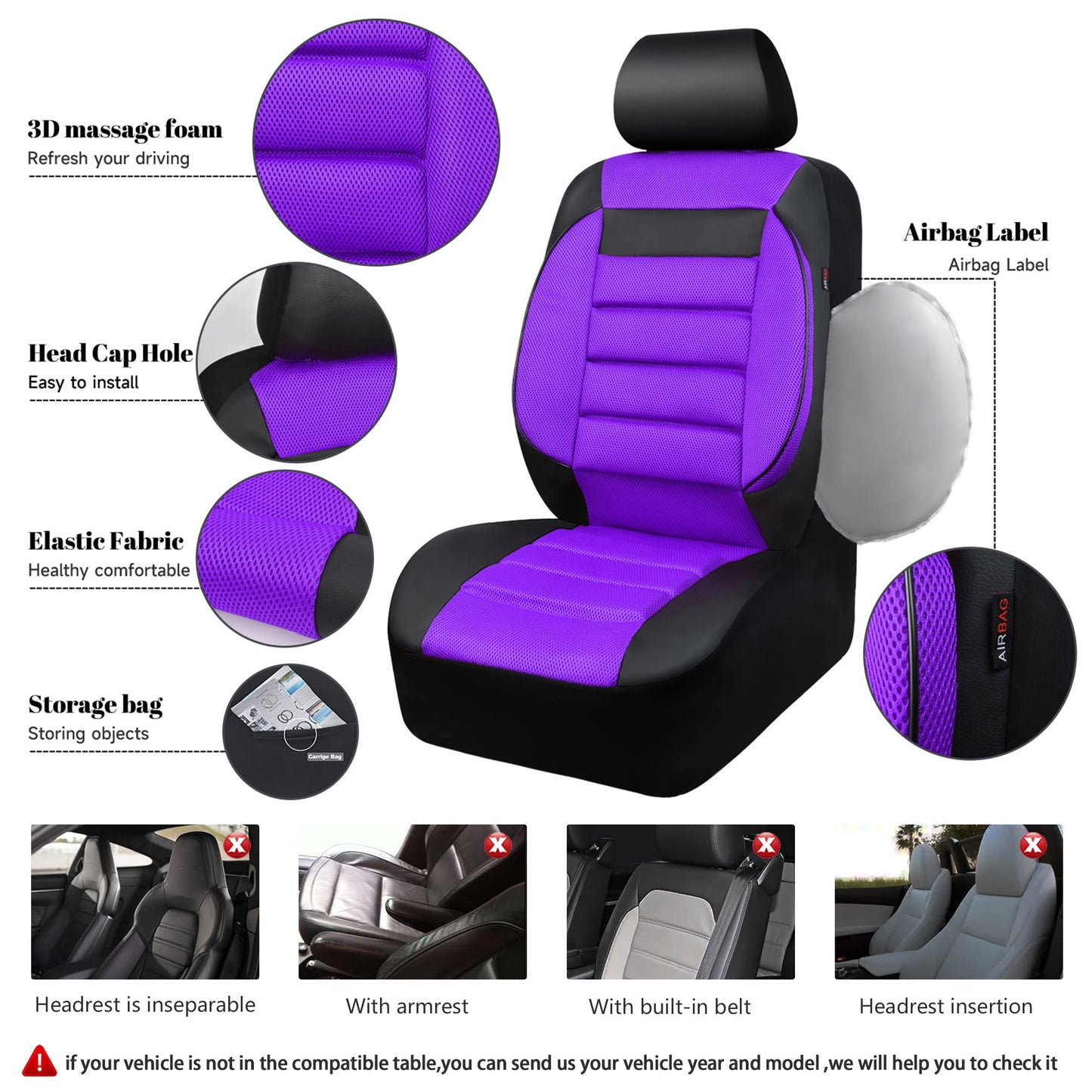 CAR PASS 3D Foam Leather Car Seat Covers Two Front Seats only, Air Cool Mesh Thick Seat Covers, All Weather Car Seat Cover Comfort &amp; Protection for Truck,SUV,Sedan,Van, Airbag Compatible (Black)