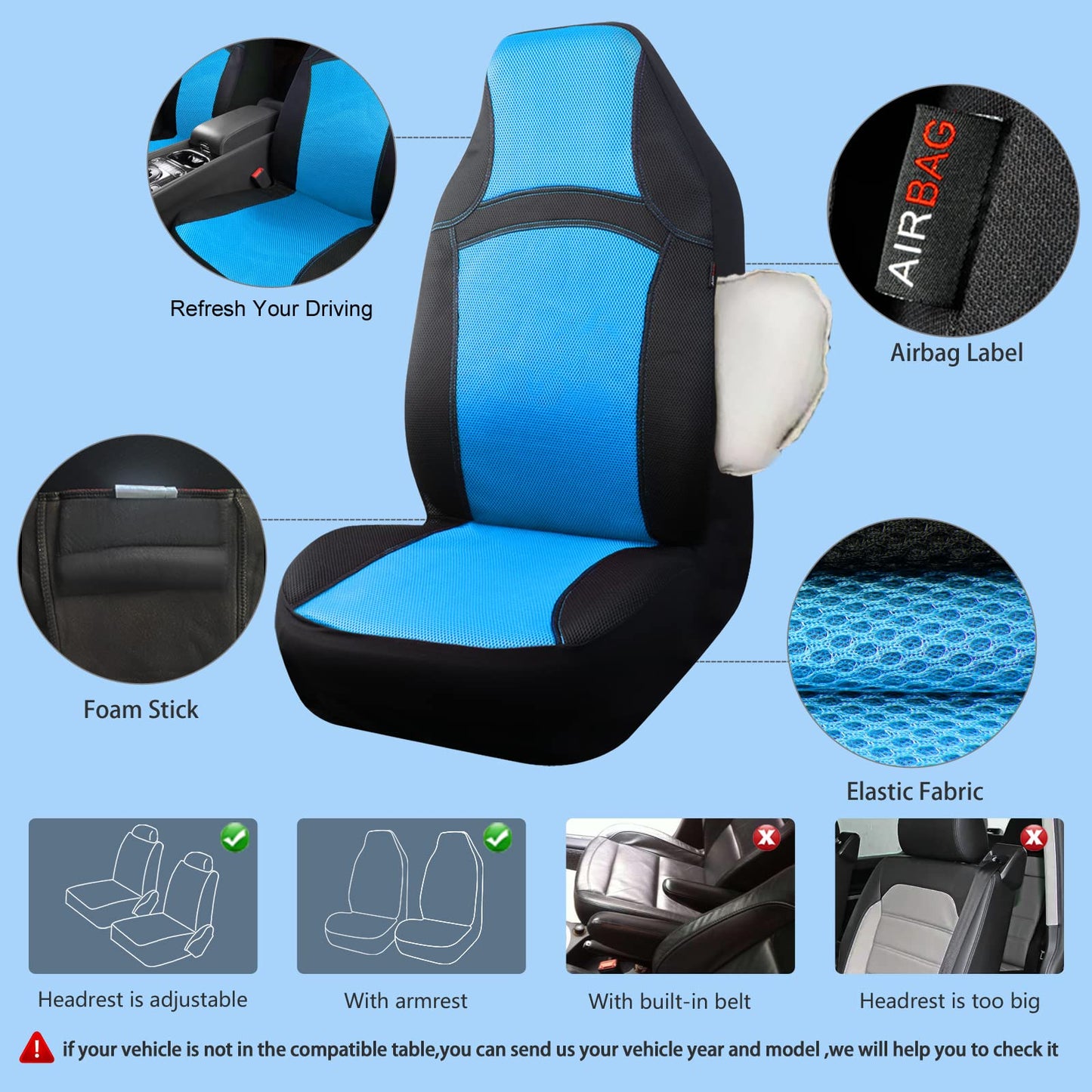 CAR PASS Seat Cover Full Sets, 3D Air Mesh Car Seat Cover with 5mm Composite Sponge Inside,Airbag Compatible Universal Fit for SUV,Vans,sedans, Trucks, Automotive Interior Covers(All Black)