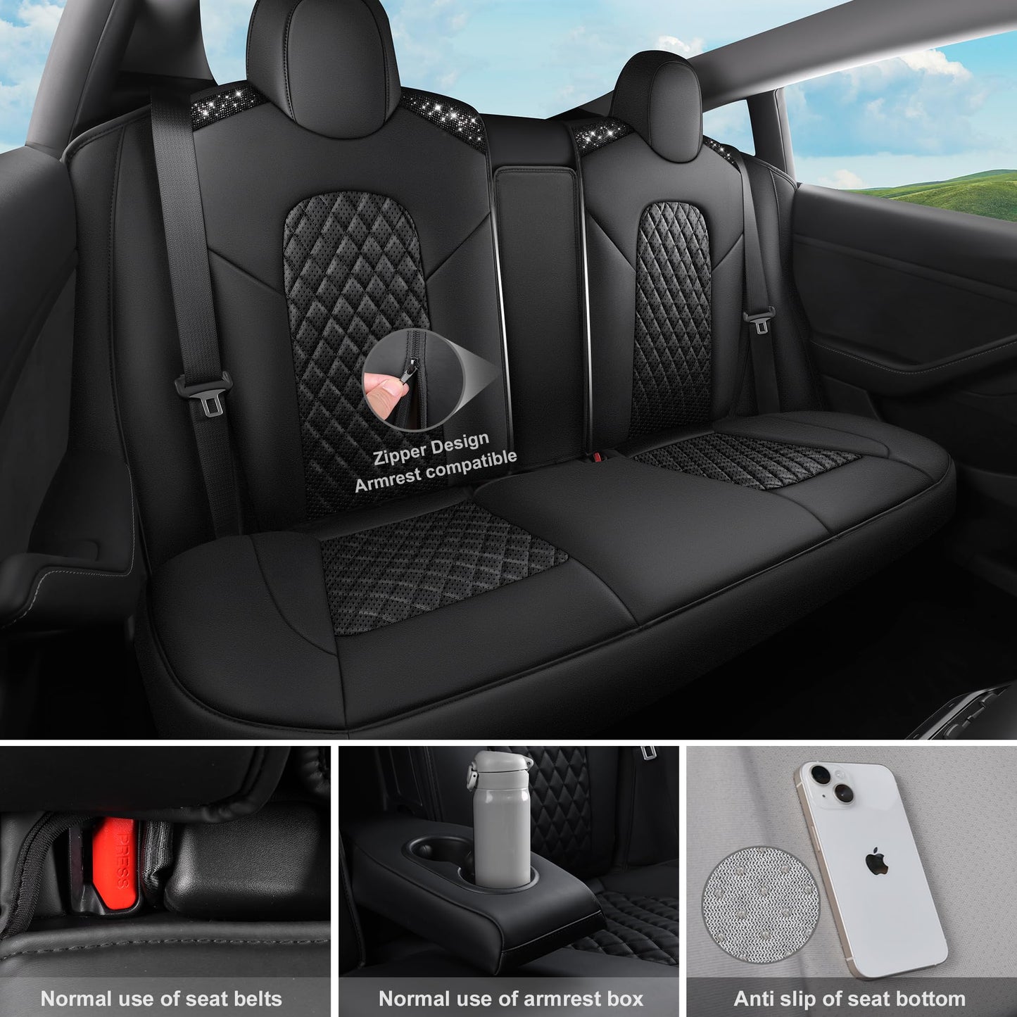 CAR Pass Bling Car Seat Covers, Microfiber Nappa Leather Luxury Cushioned, Waterproof Heavy-Duty Anti-Slip Universal Fit for Auto SUV Sedan,Sparkly Glitter Shining Rhinestone Full Set, Black Diamond