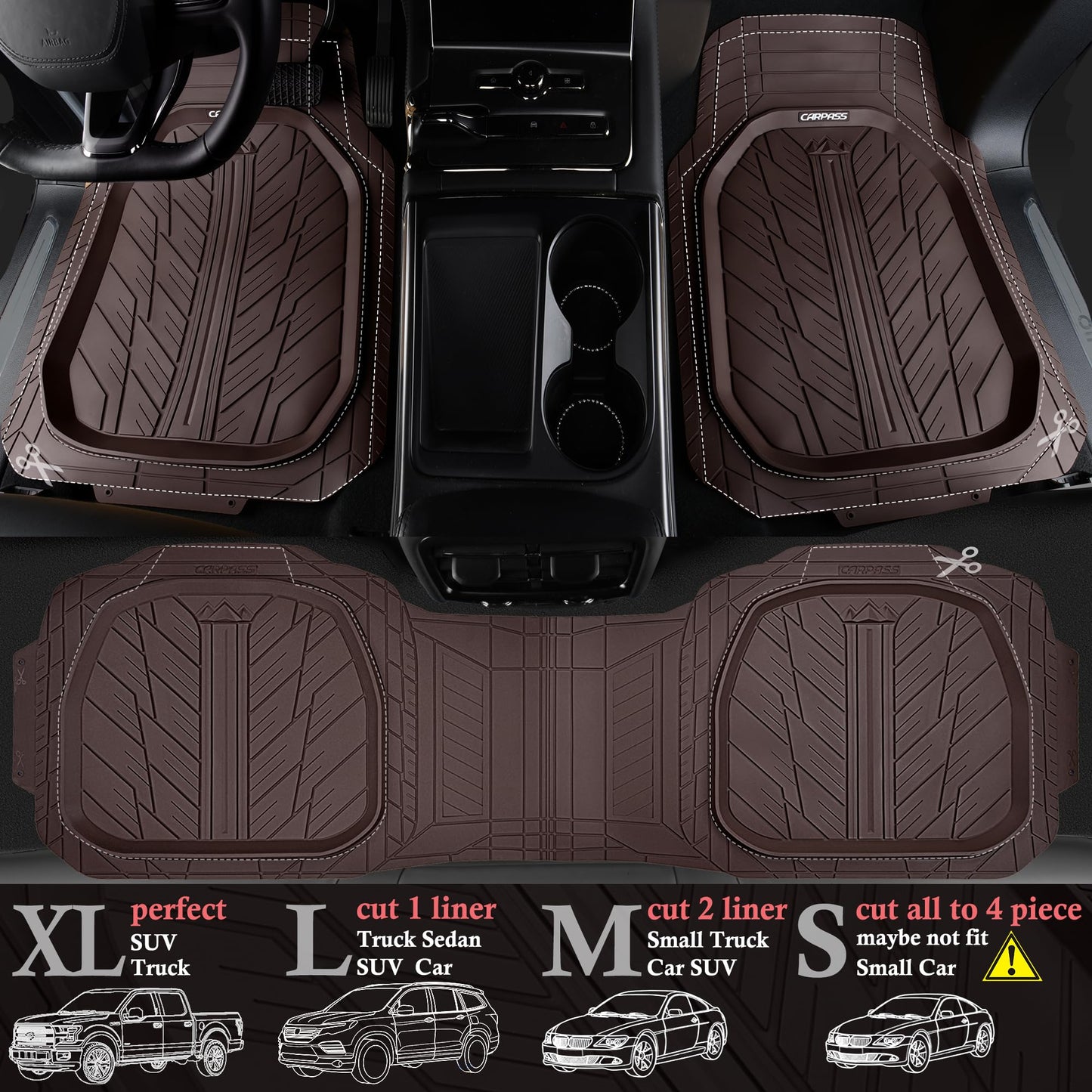 CAR PASS DeepDish Floor Mats for Cars, Heavy Duty Rubber Car Mats 3-Piece, Universal M~XL Size Trim-to Fit Automotive Floor Mats for Truck Van SUV Durable Waterproof All Weather Car Mats (Solid Black)