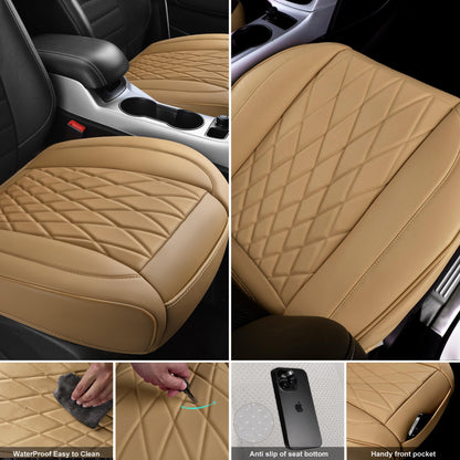 CAR PASS 2 Pack Leather Front Car Seat Covers, Bottom Seat Covers Full Wrapped with Storage Pocket, Anti-Slip Leather Seat Protectors,Waterproof Seat Cushion Pad Universal Fit Sedan SUV Truck, Beige