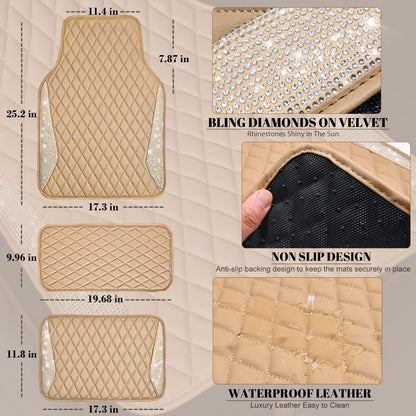 CAR PASS Bling Leather Car Mats Shining Diamond Floor Mats Sparkly Glitter Crystal Rhinestones Carpet Anti-Slip Waterproof Pad Universal Fit for Automotive SUV, Sedan, Van, 5pcs for Girl Women Black