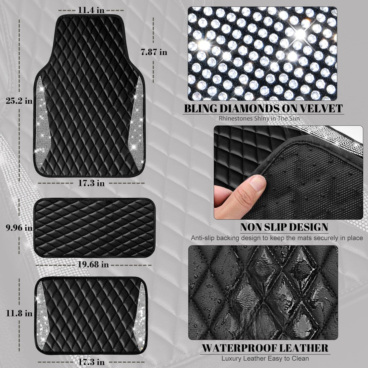 CAR PASS Bling Leather Car Mats Shining Diamond Floor Mats Sparkly Glitter Crystal Rhinestones Carpet Anti-Slip Waterproof Pad Universal Fit for Automotive SUV, Sedan, Van, 5pcs for Girl Women Black