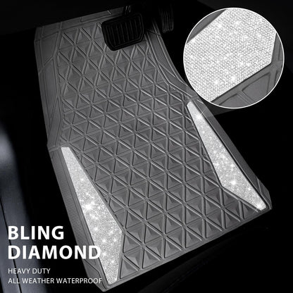 CAR PASS Bling Car Mats Diamond Rubber Floor Mats Full Set Anti-Slip 3D Rhombus Waterproof Trim to Fit Liner Universal Glitter Crystal Sparkly Shining Rhinestone Girl Women SUV Sedan Van, Black Silver