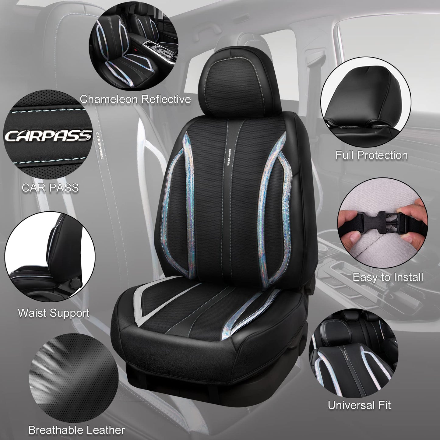 CAR Pass Nappa Leather Car Seat Covers, Durable Waterproof Luxury Universal for SUV Pick-up Truck Sedan, Anti-Slip Driver 5 Seats Covers Full Set with Backrest (Black Chameleon Iridescent Reflective)