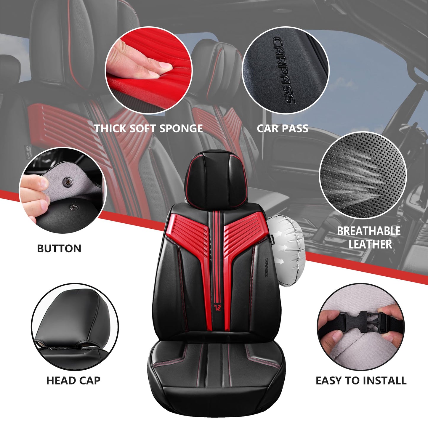 CAR PASS Nappa Leather Seat Covers, Breathable Waterproof Car Seat Covers Full Set, Luxury 3D Sponge Support Full Coverage Seat Protector, Universal Fit SUV Pick-up Truck Sedan Automotive(All Black)