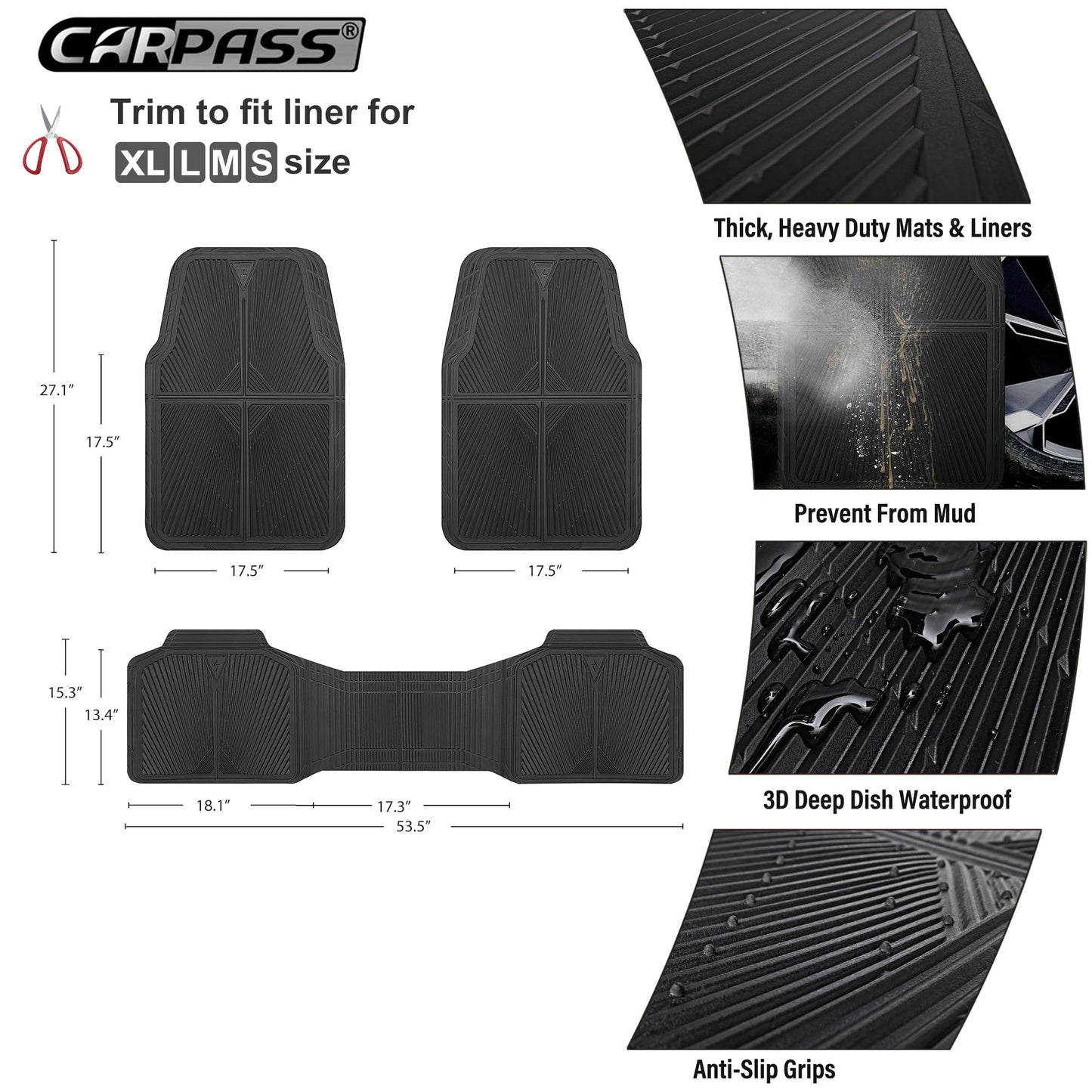 CAR PASS Rubber Car Mats,Car Floor Mats All Weather, Waterproof Trim-to Fit Automotive Floor Mats for Cars Trucks SUV,Anti-Slip Easy Clean, Heavy Duty Car Mats Full Set 3-Piece,All Black