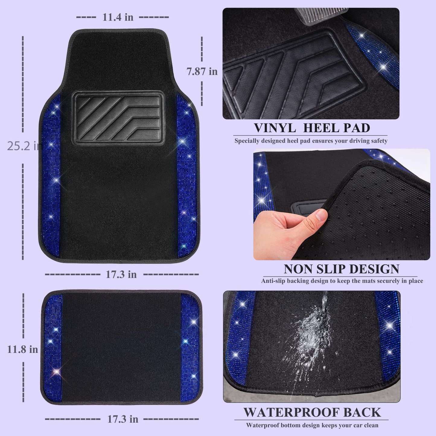 CAR PASS Bling Diamond Car Floor Mats, Shining Rhinestone Carpet Sparkly Glitter Crystal with Anti-Slip PVC Heel Pad Waterproof Universal Fit Automotive SUV,Sedan,Van,Cute Girl Women,4pcs Black Sliver