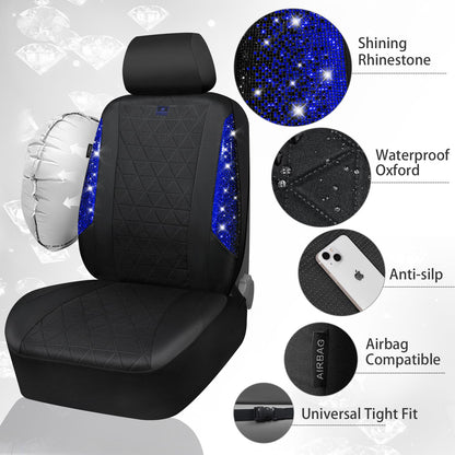 CAR PASS Oxford Bling Diamond Car Seat Covers 2 Front Interior Sets, Waterproof Shining Glitter Sparkly Crystal Universal Armrest Fit 95% Automotive Truck SUV Cute Women Girl, Black Red Rhinestone