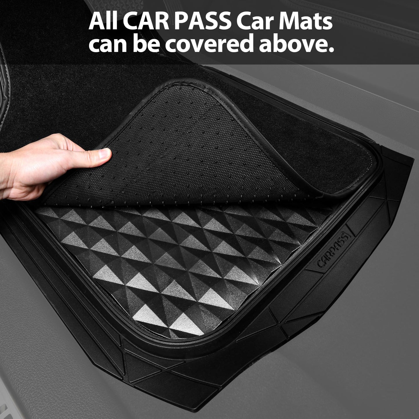 CAR PASS Heavy Duty Rubber Car Mats, Deep Dish All-Weather Floor Mat for Car Full Set Durable Anti-Slip 3D Rhombus Waterproof Trim to Fit Liner Universal Fit Automotive,Sedan,SUV,Truck, 3 Piece Black