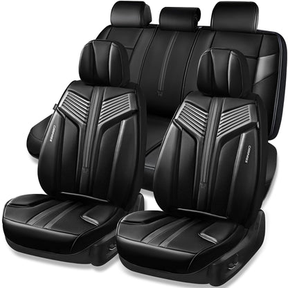 CAR PASS Nappa Leather Seat Covers, Breathable Waterproof Car Seat Covers Full Set, Luxury 3D Sponge Support Full Coverage Seat Protector, Universal Fit SUV Pick-up Truck Sedan Automotive(All Black)