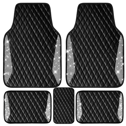 CAR PASS Bling Leather Car Mats Shining Diamond Floor Mats Sparkly Glitter Crystal Rhinestones Carpet Anti-Slip Waterproof Pad Universal Fit for Automotive SUV, Sedan, Van, 5pcs for Girl Women Black