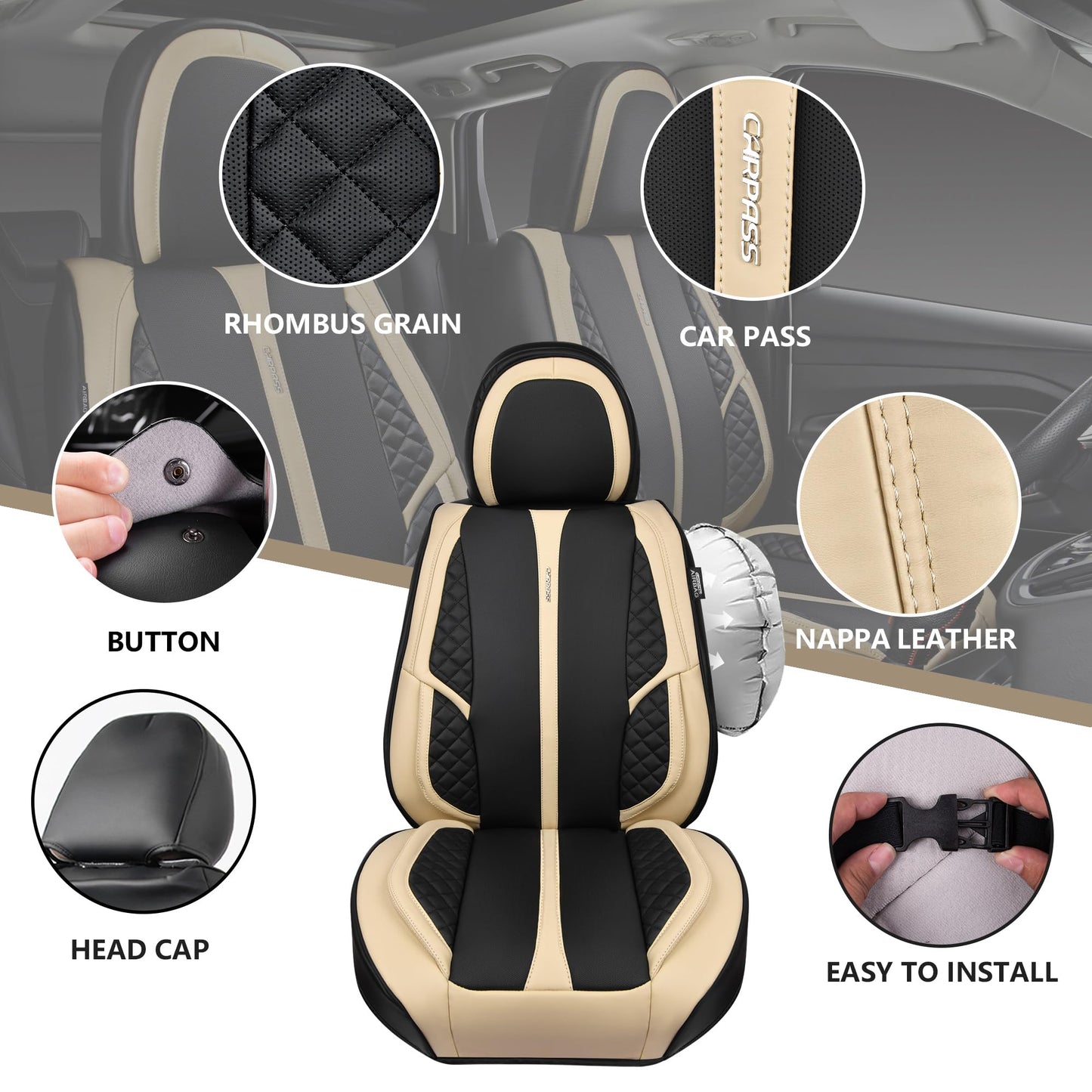 CAR PASS Nappa PU Leather Car Seat Covers Full Set Waterproof Protector Durable Cushioned,Universal Fit for Sedan SUV Pick-up Truck,Automotive, Anti-Slip and Backseat Luxury Premium Deluxe(Black)