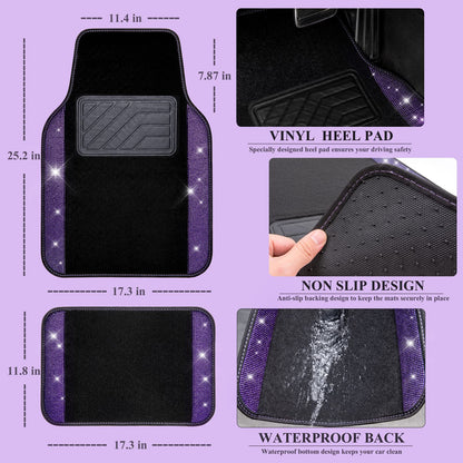 CAR PASS Bling Diamond Car Floor Mats, Shining Rhinestone Carpet Sparkly Glitter Crystal with Anti-Slip PVC Heel Pad Waterproof Universal Fit Automotive SUV,Sedan,Van,Cute Girl Women,4pcs Black Sliver