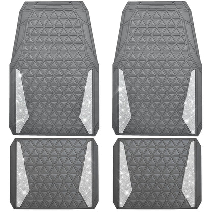 CAR PASS Bling Car Mats Diamond Rubber Floor Mats Full Set Anti-Slip 3D Rhombus Waterproof Trim to Fit Liner Universal Glitter Crystal Sparkly Shining Rhinestone Girl Women SUV Sedan Van, Black Silver